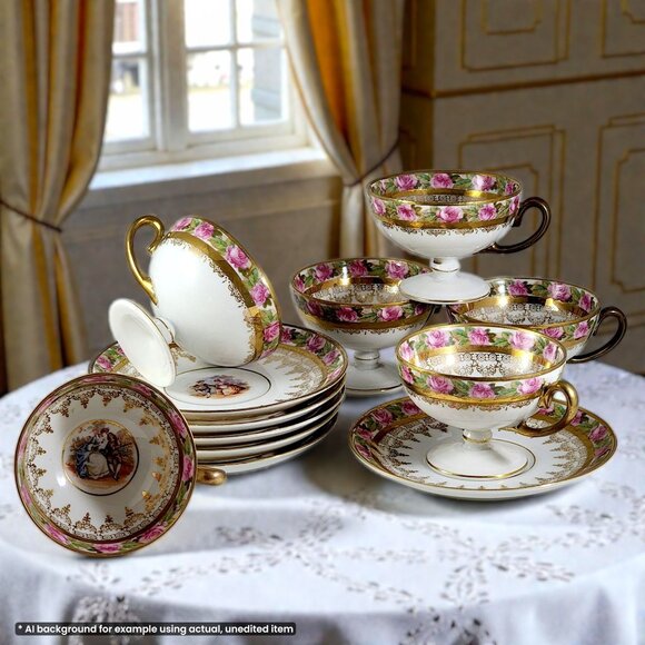 Vintage Demitasse Tea Cup Saucer 12pc Set Pink Rose Gold Gilt Victorian China 2" - Picture 2 of 11